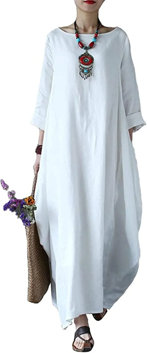 Long Sleeve Dress for Women Cotton Linen Long Dresses with Pockets Round Neck Plus Size Summer Dresses Maxi Dress
