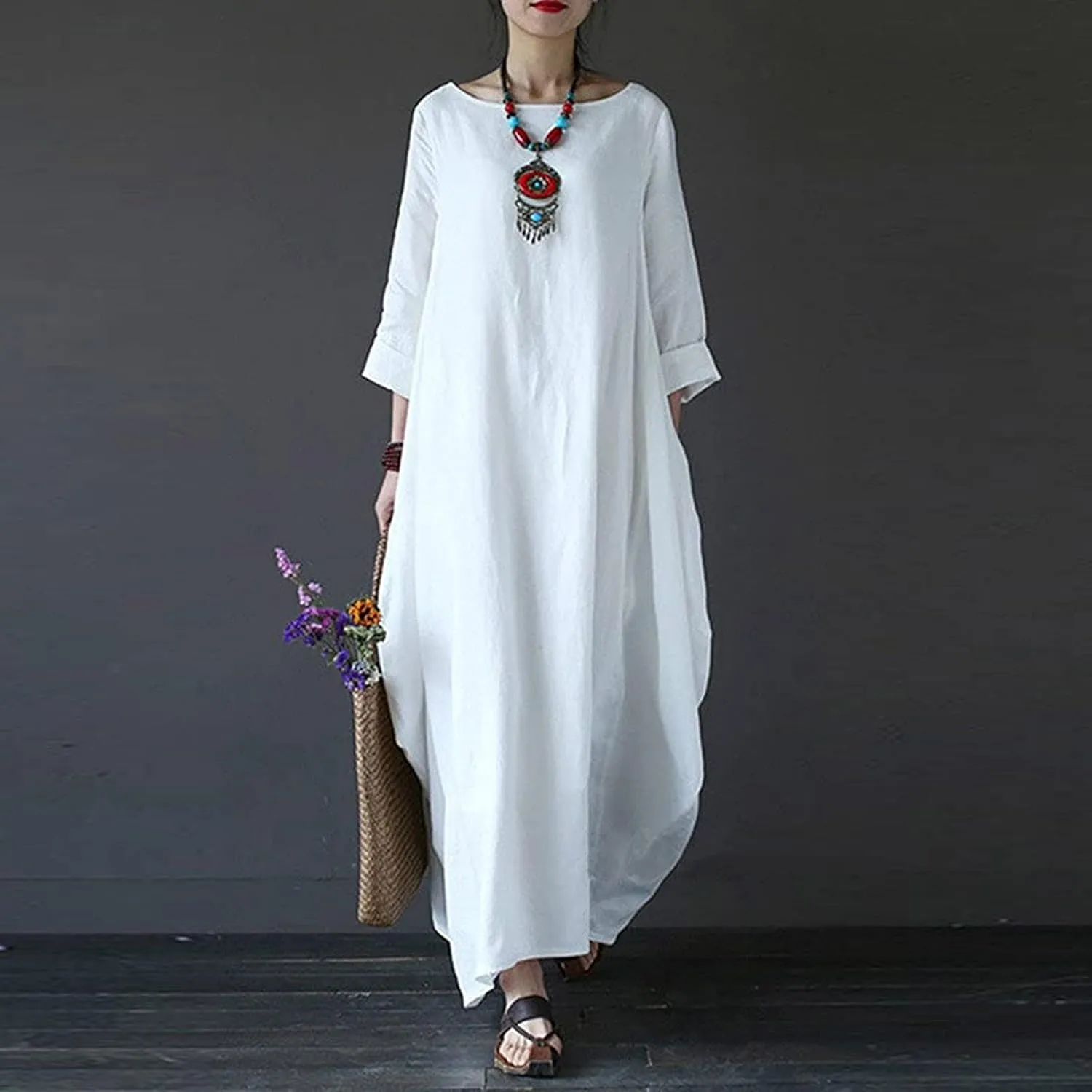 Long Sleeve Dress for Women Cotton Linen Long Dresses with Pockets Round Neck Plus Size Summer Dresses Maxi Dress