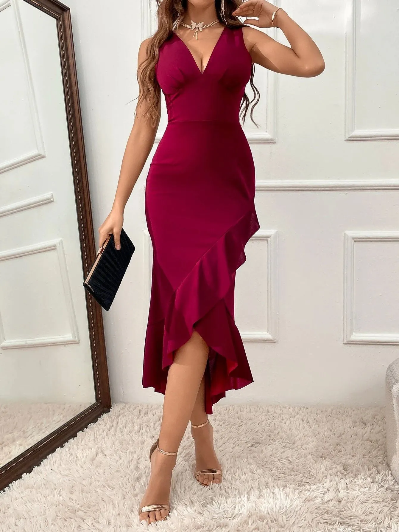 Luexco Swallowtail V-neck Split Ruffle Dress
