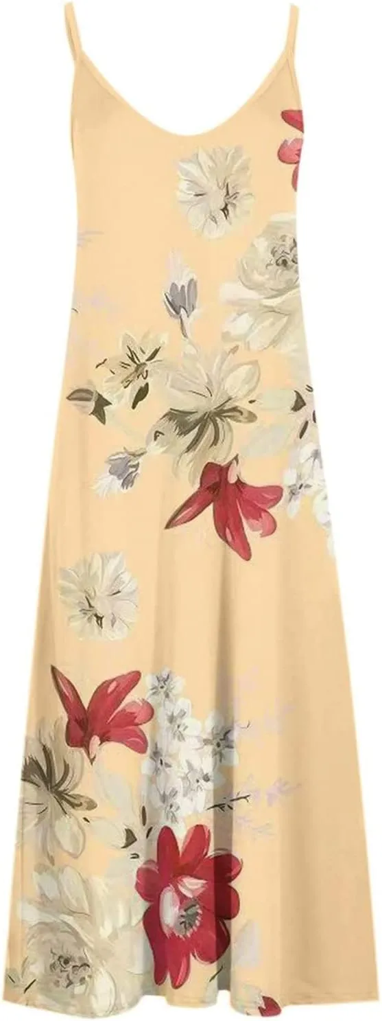 Maxi Dresses for Women 2024 Sexy V Neck Spaghetti Strap Sun Dress Floral Print Flowy Boho Beach Dress Summer Dresses