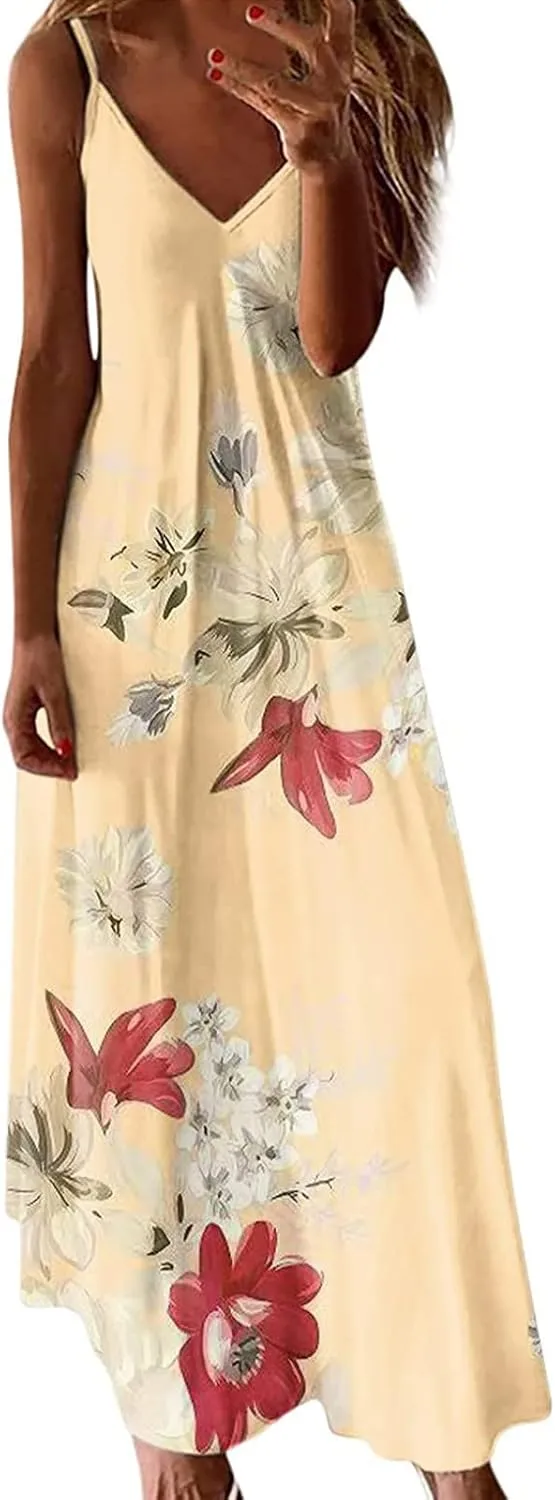 Maxi Dresses for Women 2024 Sexy V Neck Spaghetti Strap Sun Dress Floral Print Flowy Boho Beach Dress Summer Dresses
