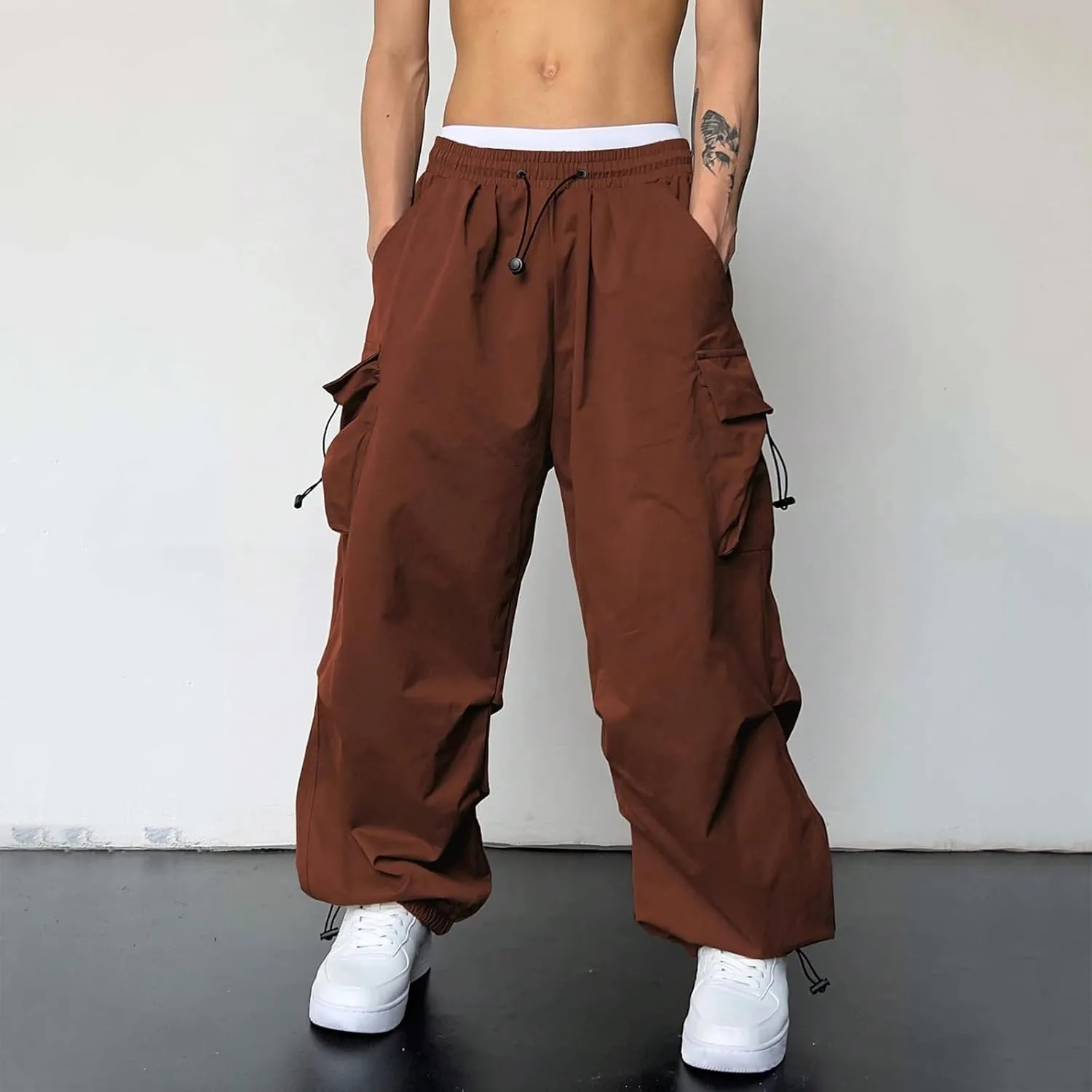 Men's Baggy Cargo Pants Casual Parachute Pant Drawstring Elastic Waist Loose Fit Athletic Joggers Sweatpants with Pockets
