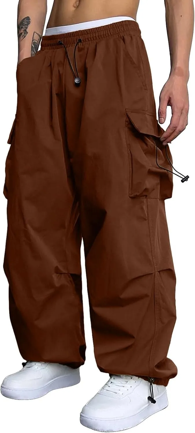 Men's Baggy Cargo Pants Casual Parachute Pant Drawstring Elastic Waist Loose Fit Athletic Joggers Sweatpants with Pockets