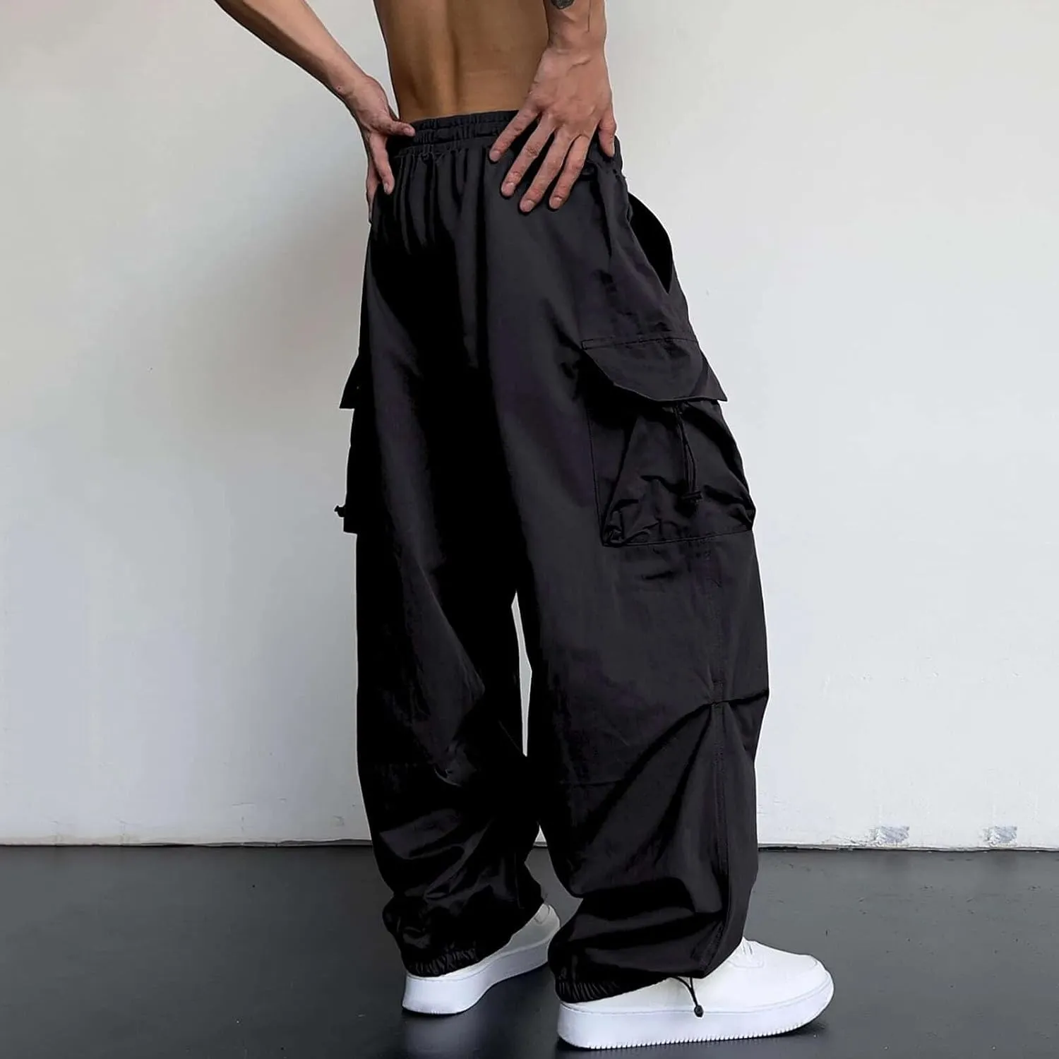 Men's Baggy Cargo Pants Casual Parachute Pant Drawstring Elastic Waist Loose Fit Athletic Joggers Sweatpants with Pockets