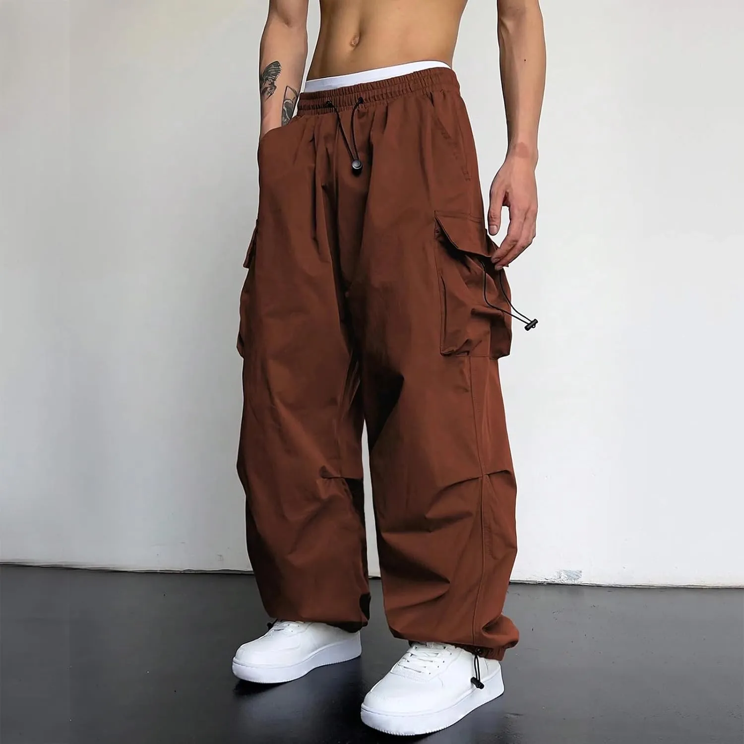 Men's Baggy Cargo Pants Casual Parachute Pant Drawstring Elastic Waist Loose Fit Athletic Joggers Sweatpants with Pockets