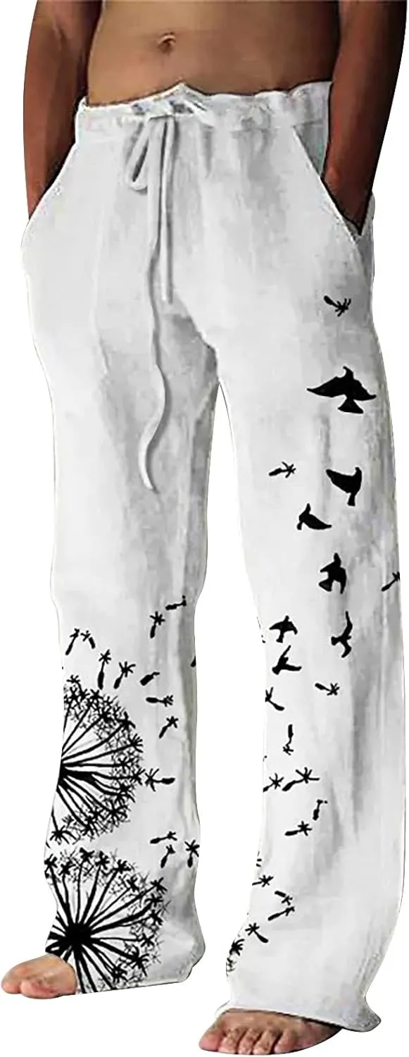 Men's Cotton Linen Pants Lightweight Straight Legs Yoga Beach Pants Elastic Waist Drawstring Casual Trouser Skinny Chinos