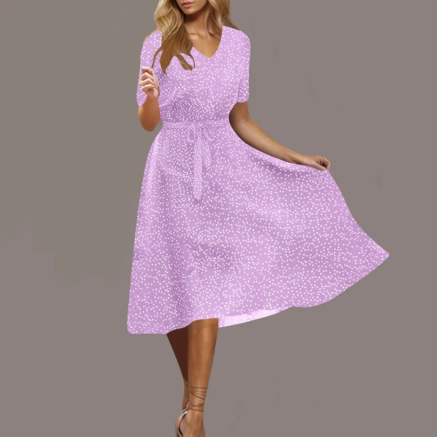 Midi Dress for Women Summer Casual Floral Short Sleeve Smocked Midi Dresses Boho V Neck Beach Sundress