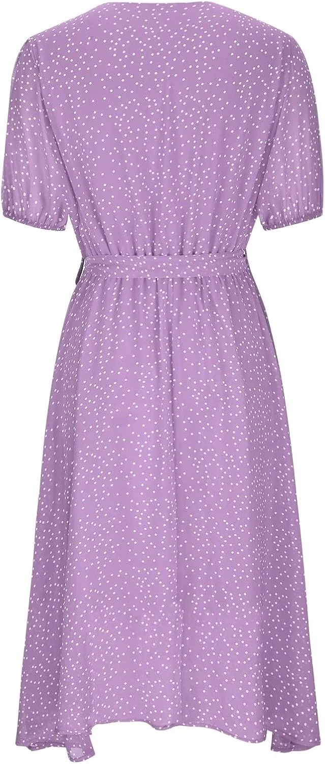 Midi Dress for Women Summer Casual Floral Short Sleeve Smocked Midi Dresses Boho V Neck Beach Sundress