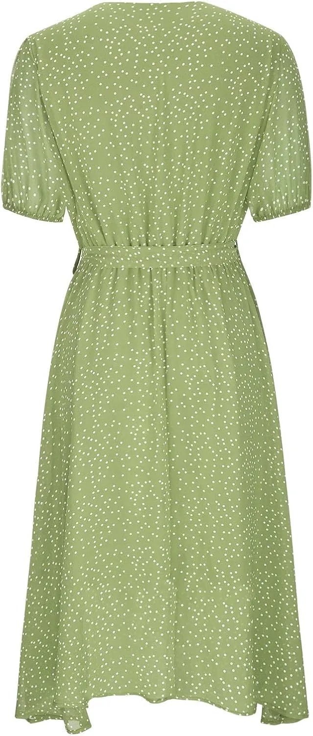 Midi Dress for Women Summer Casual Floral Short Sleeve Smocked Midi Dresses Boho V Neck Beach Sundress