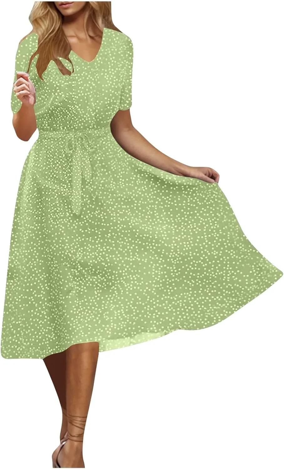 Midi Dress for Women Summer Casual Floral Short Sleeve Smocked Midi Dresses Boho V Neck Beach Sundress