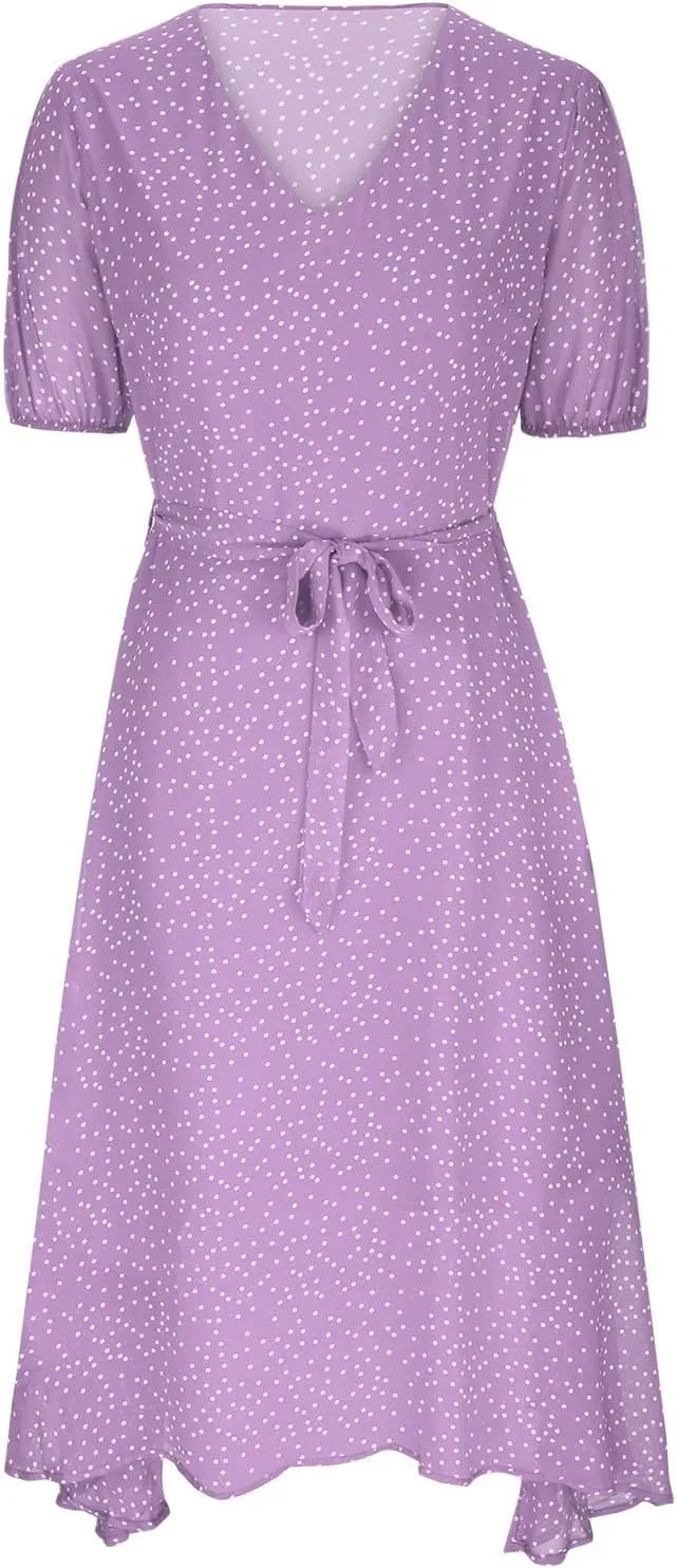 Midi Dress for Women Summer Casual Floral Short Sleeve Smocked Midi Dresses Boho V Neck Beach Sundress