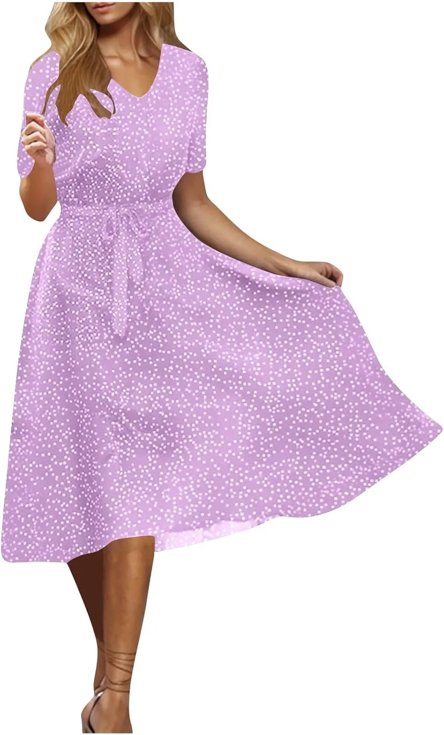 Midi Dress for Women Summer Casual Floral Short Sleeve Smocked Midi Dresses Boho V Neck Beach Sundress