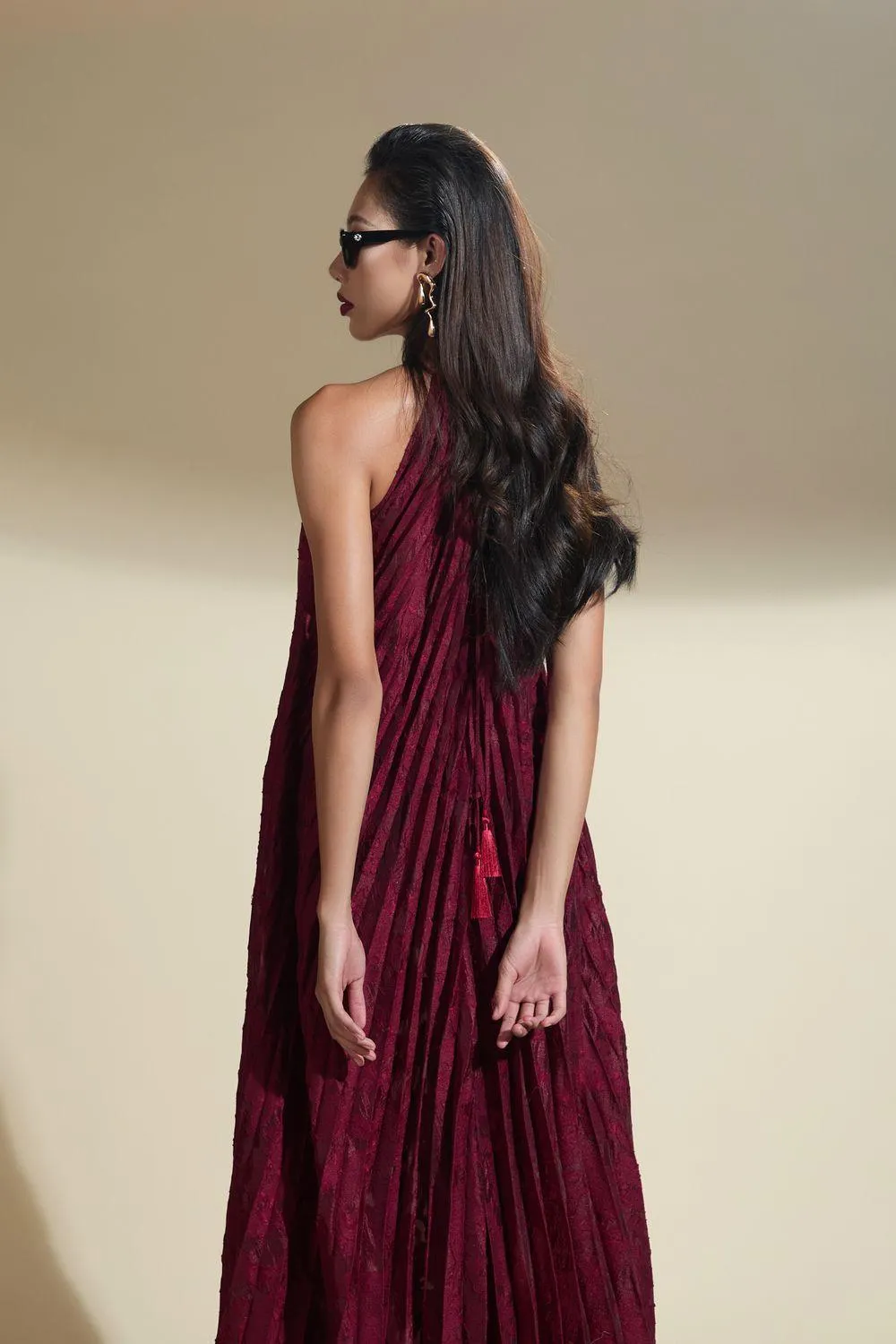 Nicole Halter Pleated Brocade Maxi Dress