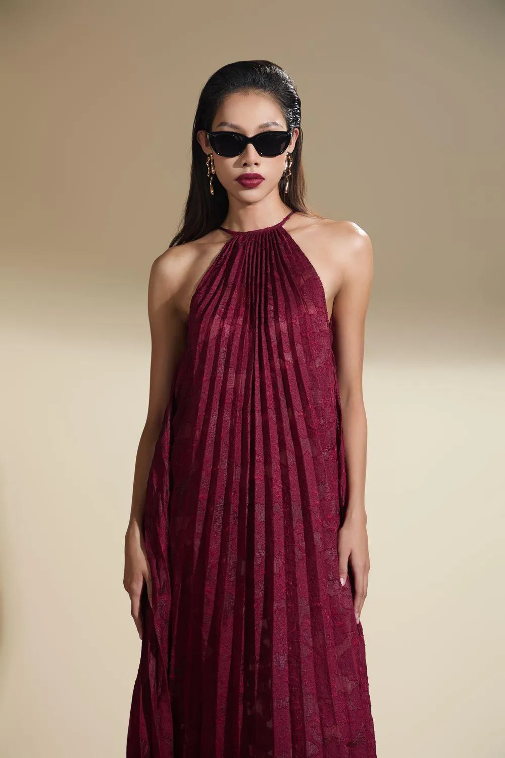 Nicole Halter Pleated Brocade Maxi Dress