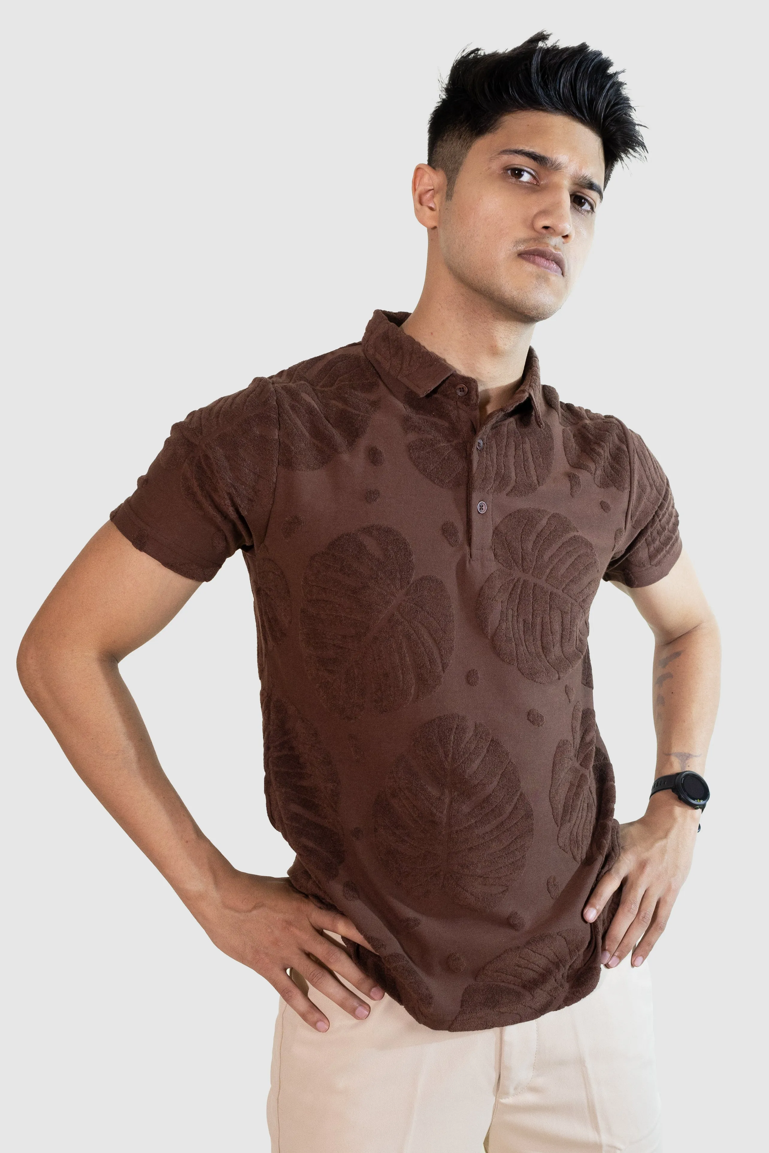 Palm Haven Polo T-Shirt: Brown