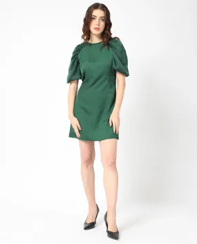 Rareism Women Seldro Green Polyester Fabric Short Sleeves Button Closure Round Neck Puff Sleeve Regular Fit Plain Short Boxy Dress