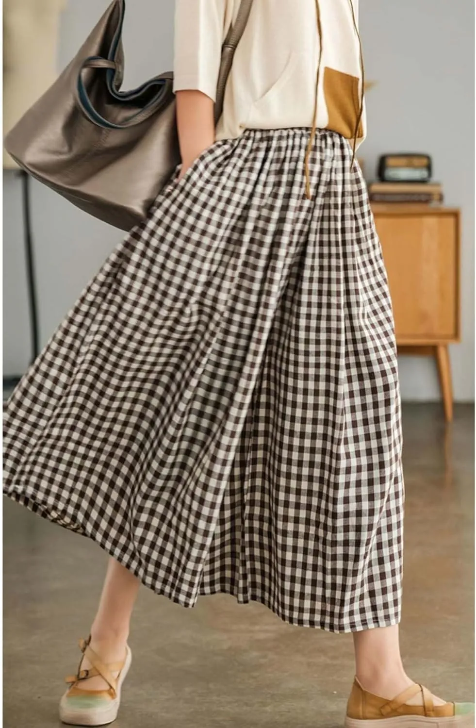 SOMTHRON Women's Summer Cotton Linen Wide Leg Culottes Pants Elastic Waist Plaid Gingham Capri Palazzo Pants