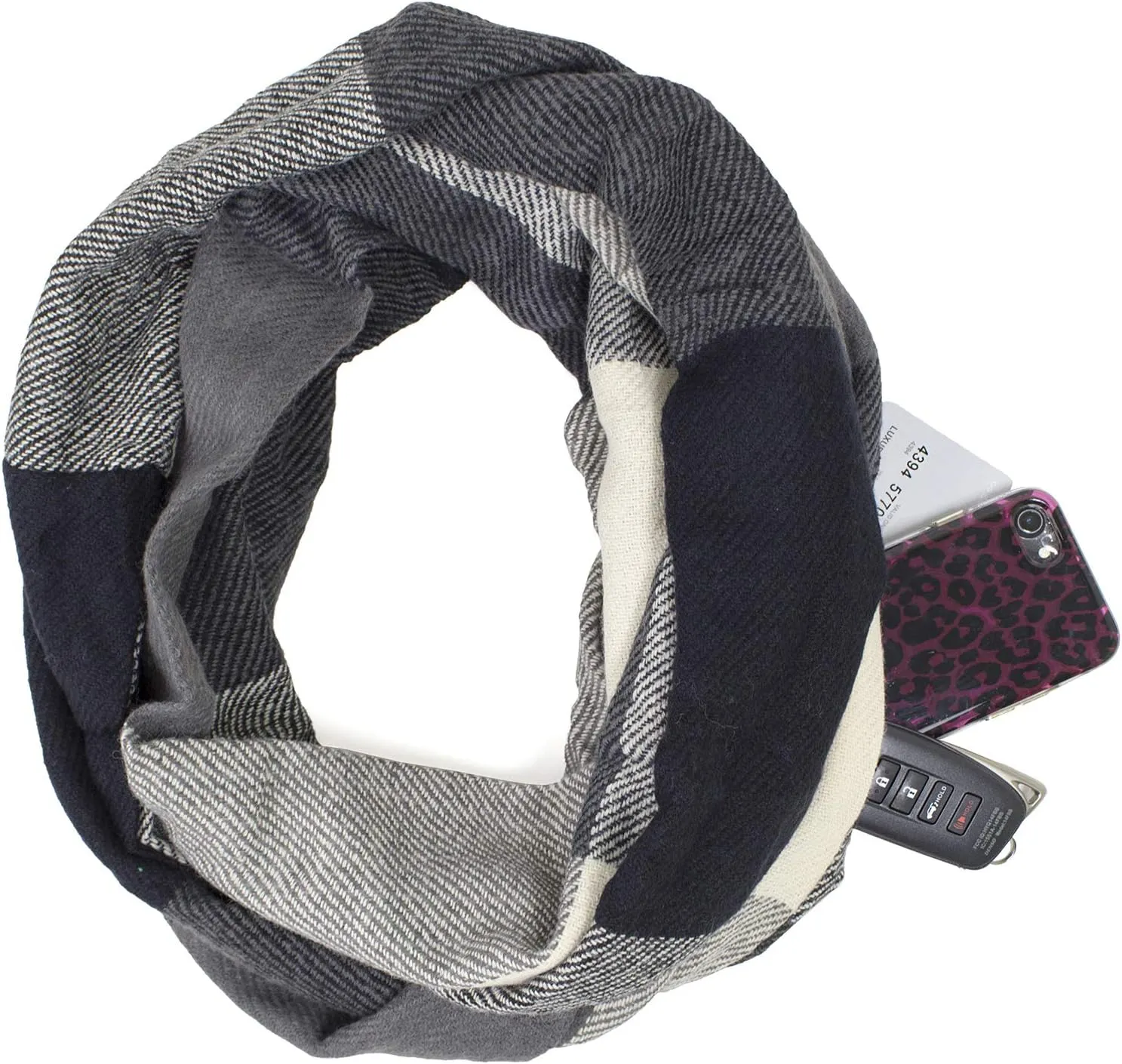 stylesilove Winter Plaid Infinity Scarf with Hidden Zipper Pocket Fashion Travel Scarf for Women and Men