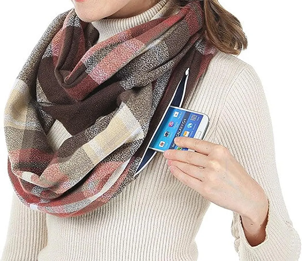 stylesilove Winter Plaid Infinity Scarf with Hidden Zipper Pocket Fashion Travel Scarf for Women and Men