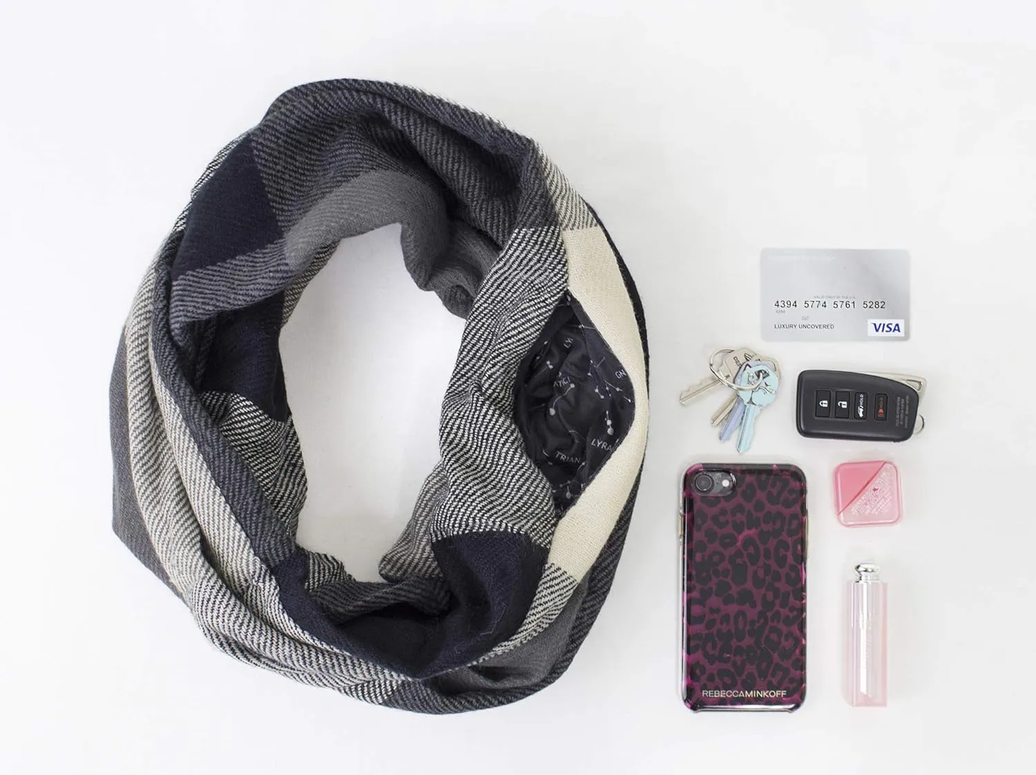 stylesilove Winter Plaid Infinity Scarf with Hidden Zipper Pocket Fashion Travel Scarf for Women and Men