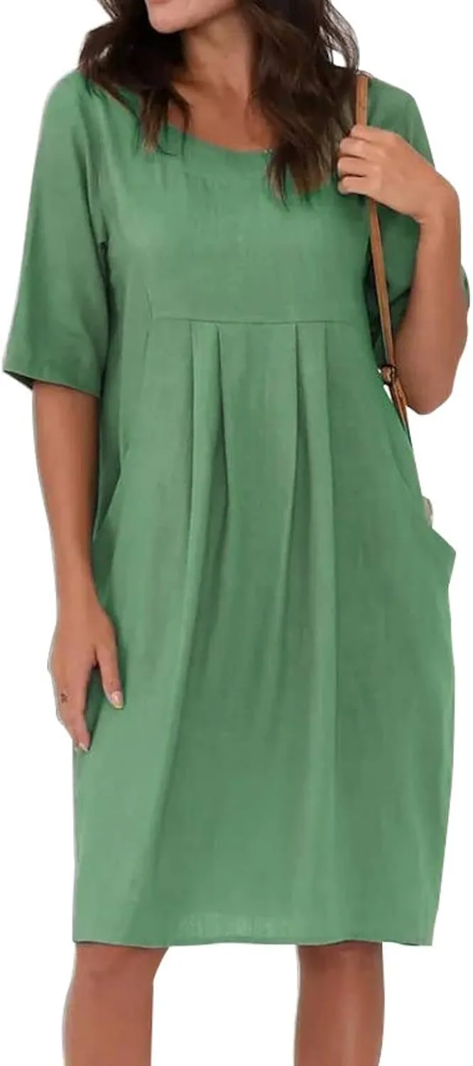 Summer Dresses for Women 2025 Vacation Maxi Long Sleeve Linen Casual Short Sleeve T Shirts Beach Dress with Pockets