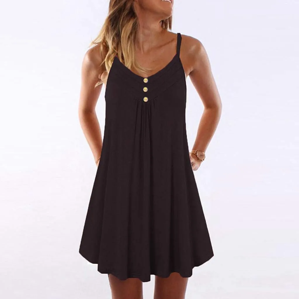 Sundresses for Women 2024 Casual Button Down Short Summer Dresses Loose Solid Spaghetti Strap Ruched Flowy Sun Dress