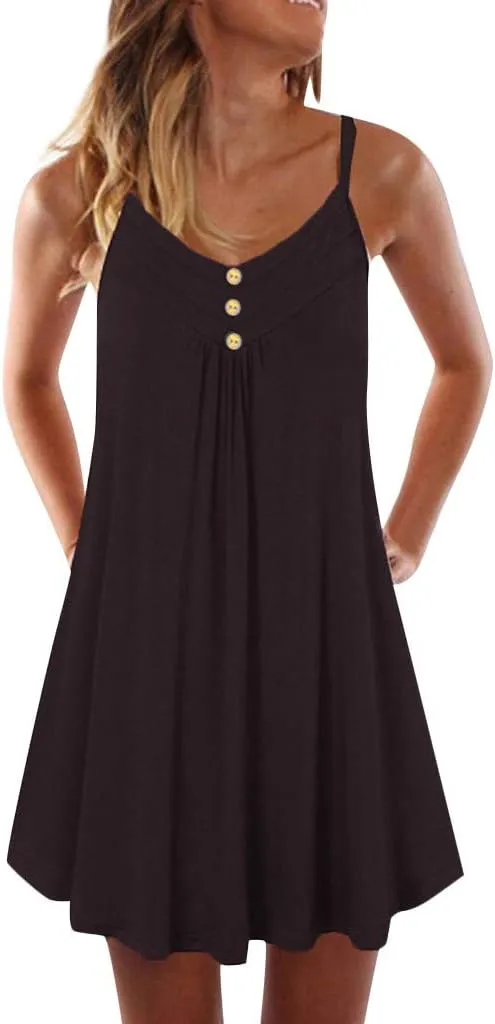 Sundresses for Women 2024 Casual Button Down Short Summer Dresses Loose Solid Spaghetti Strap Ruched Flowy Sun Dress