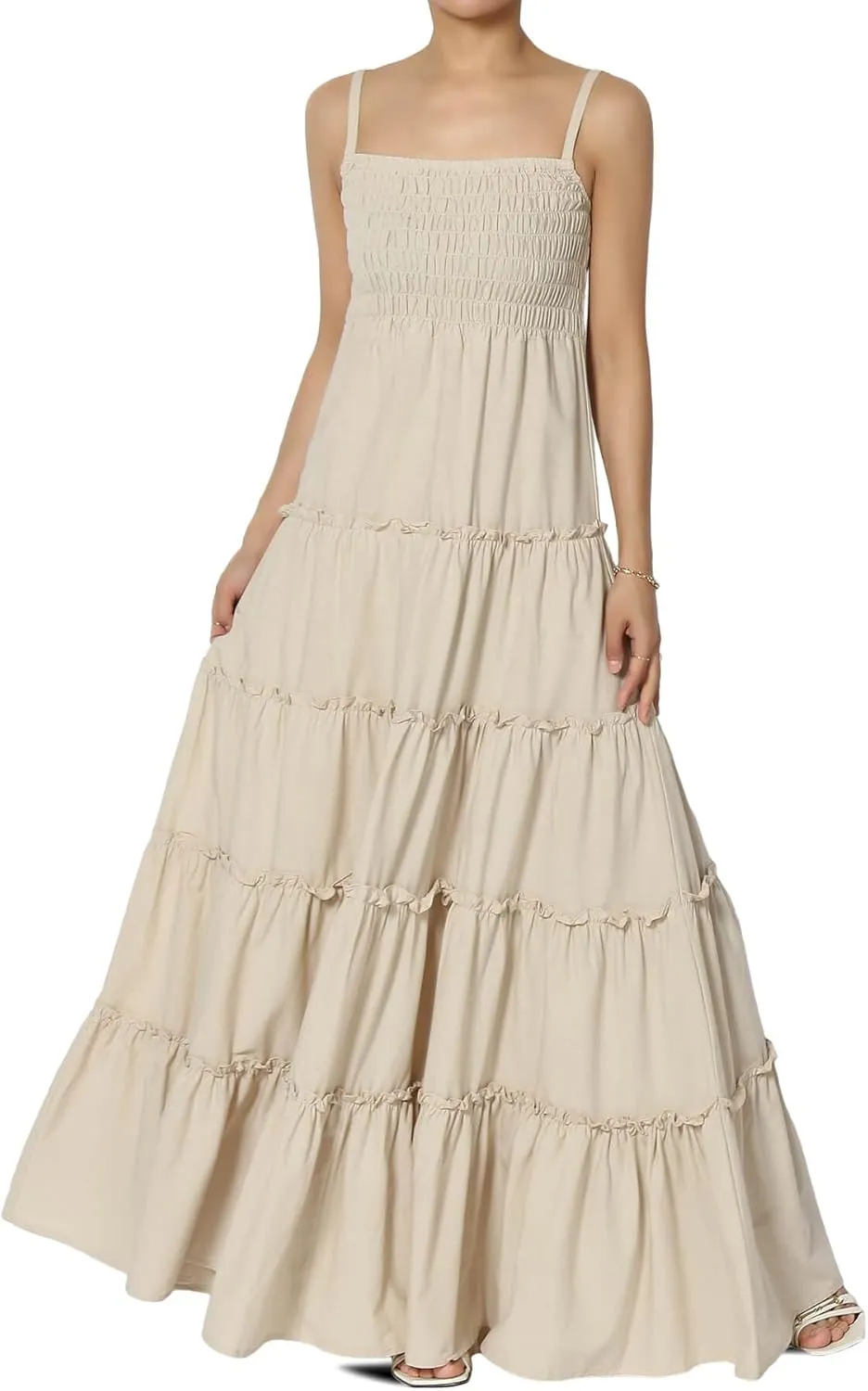 TheMogan Women's Chic Smocked Cami Tiered Maxi Dress Spaghetti Strap A-Line Skirt Summer Casual