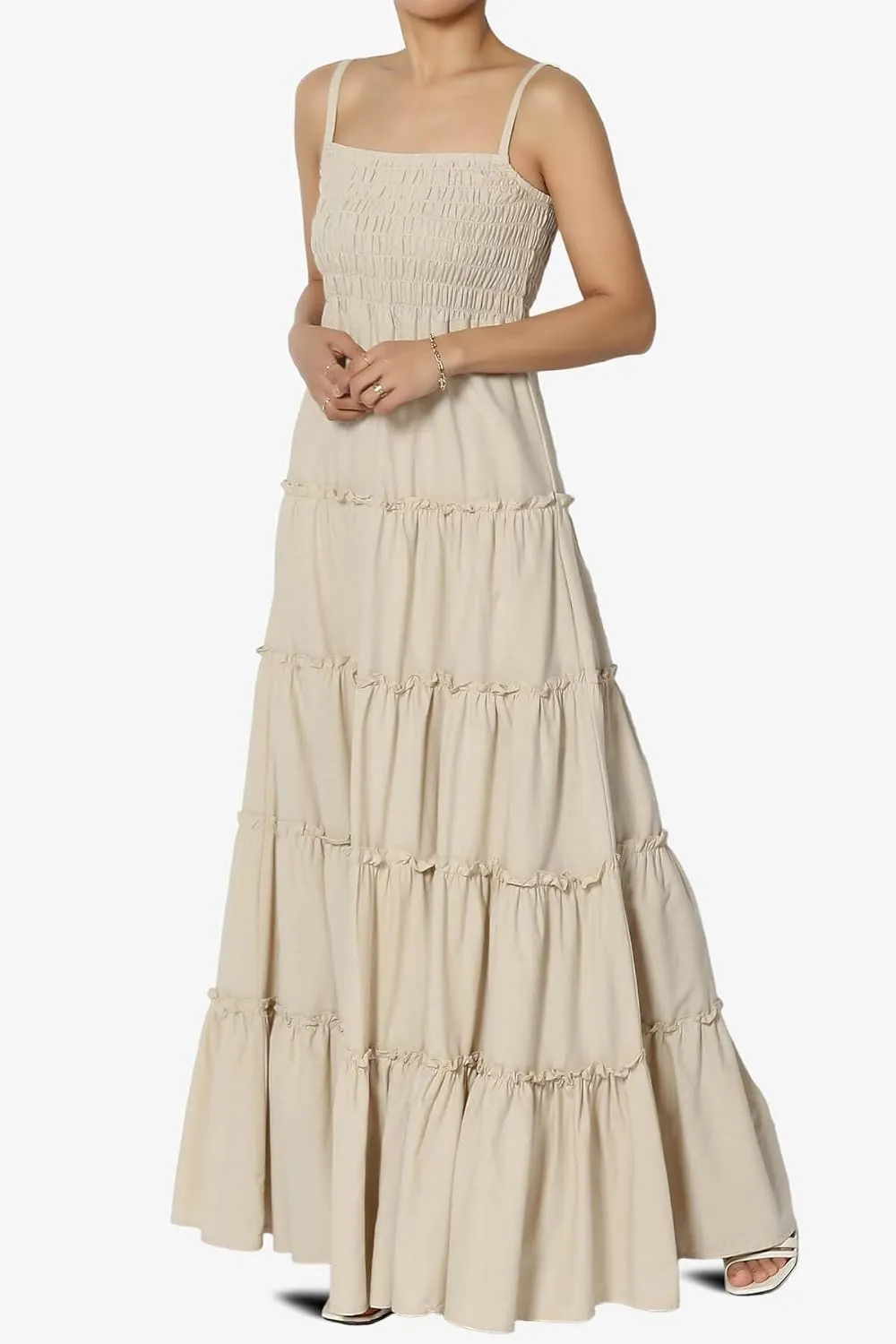 TheMogan Women's Chic Smocked Cami Tiered Maxi Dress Spaghetti Strap A-Line Skirt Summer Casual