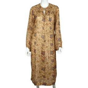 Vintage 1970s Indian Pure Silk Dress Block Printed Konarak Ashok Hotel Sz M