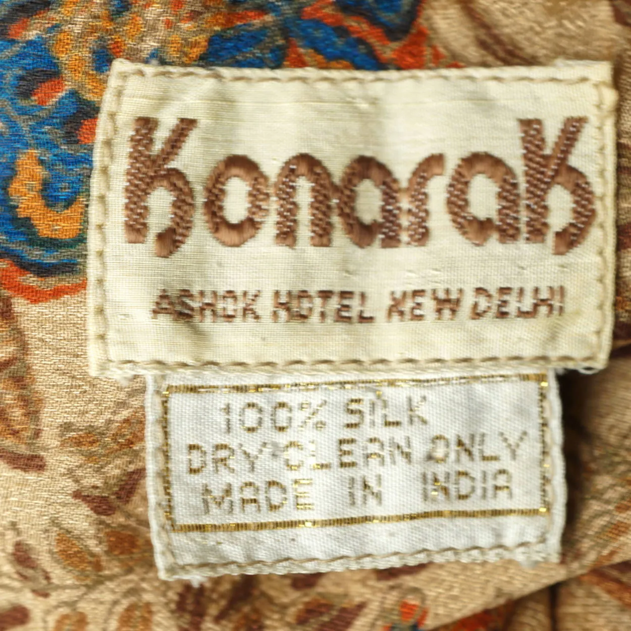 Vintage 1970s Indian Pure Silk Dress Block Printed Konarak Ashok Hotel Sz M