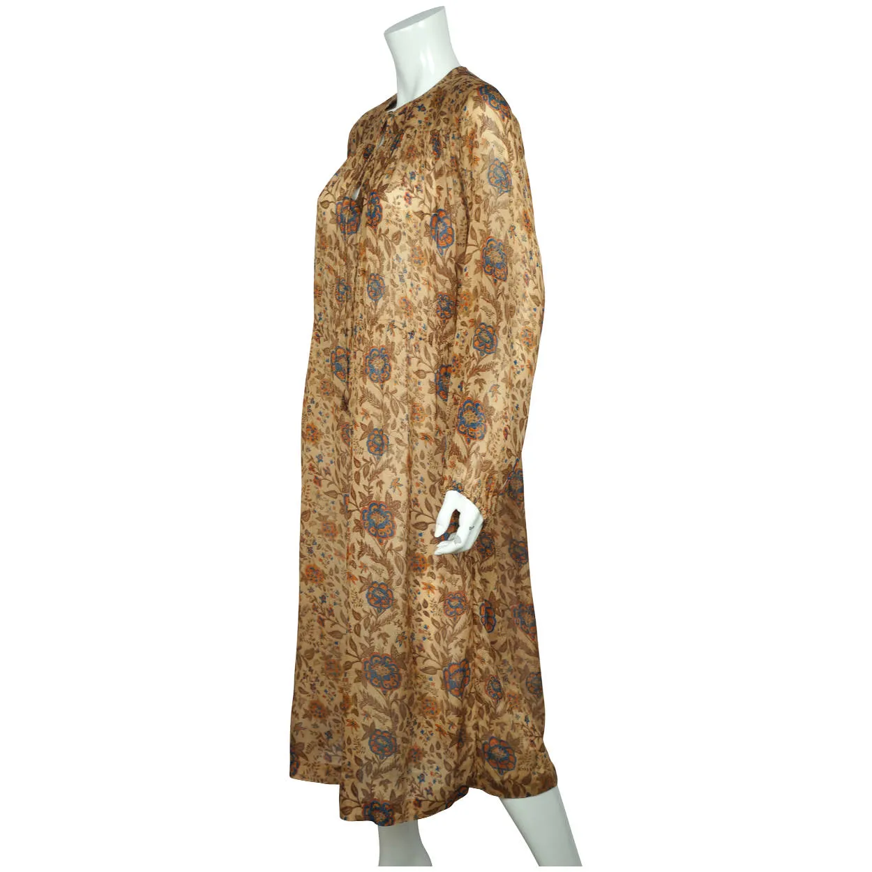Vintage 1970s Indian Pure Silk Dress Block Printed Konarak Ashok Hotel Sz M