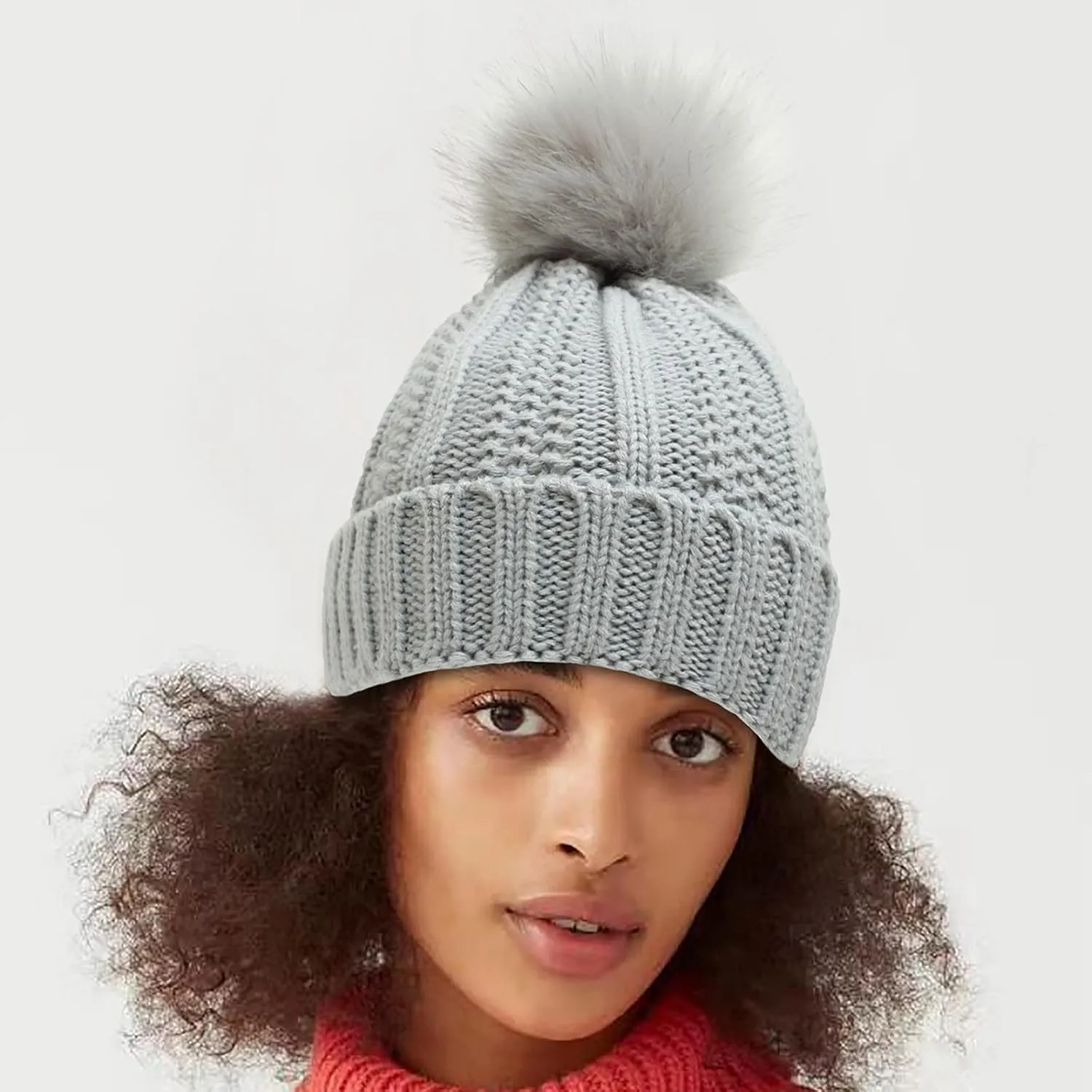 Winter Beanie Hat for Women Cotton Lined Pompom Hats Womens Chunky Trendy Warm Thick Knit Cap