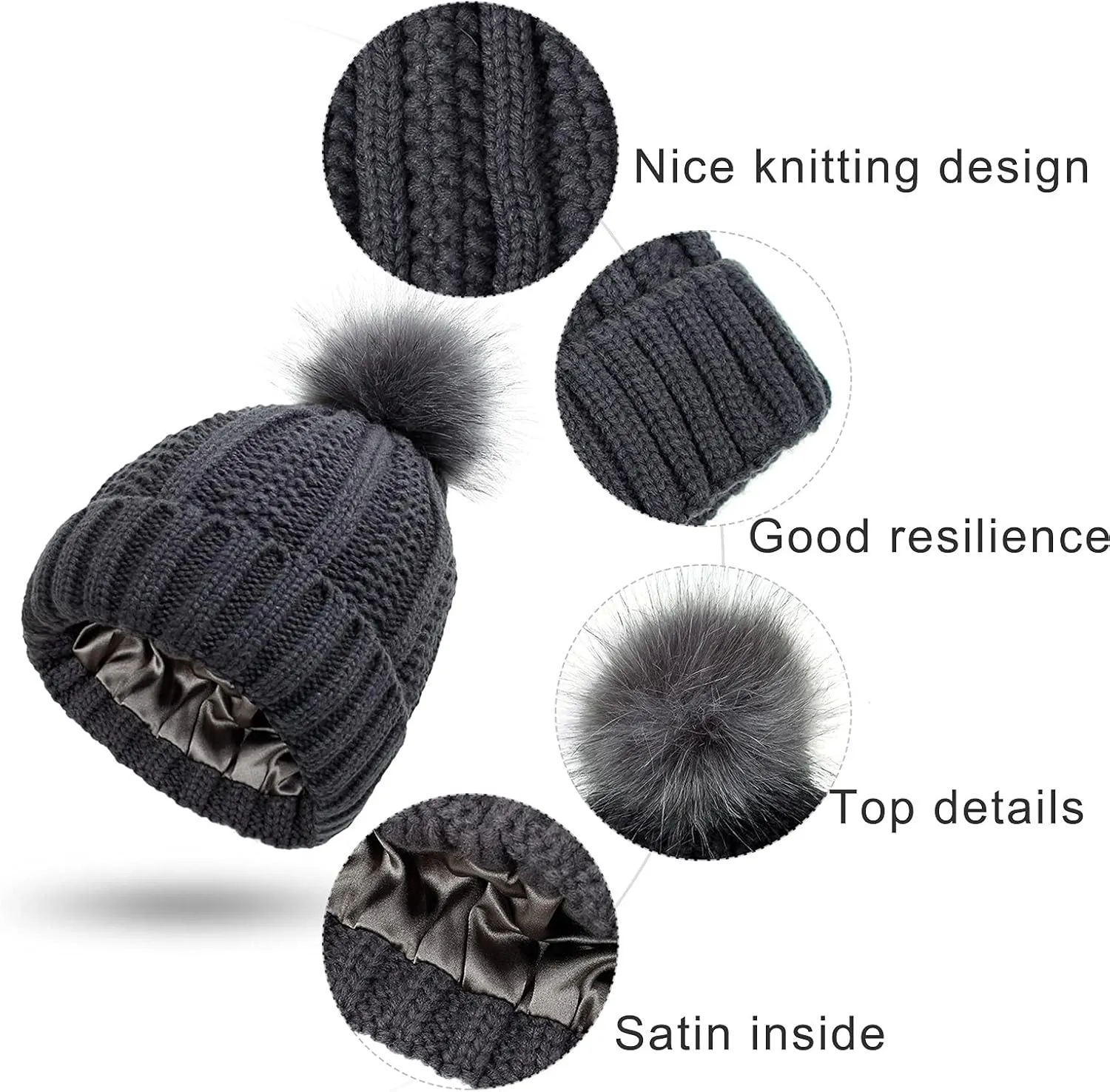 Winter Beanie Hat for Women Cotton Lined Pompom Hats Womens Chunky Trendy Warm Thick Knit Cap