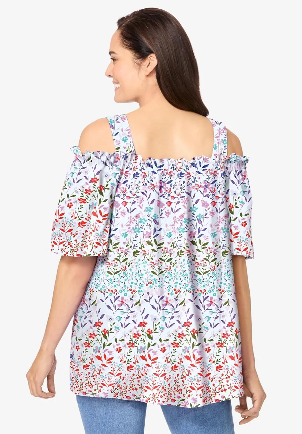 Woman Within Women's Plus Size Printed Cold-Shoulder Blouse