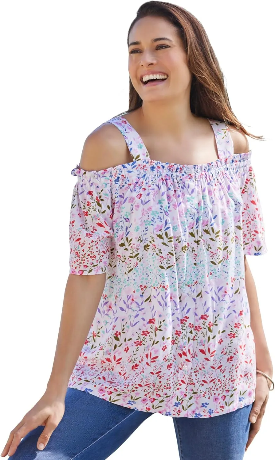 Woman Within Women's Plus Size Printed Cold-Shoulder Blouse