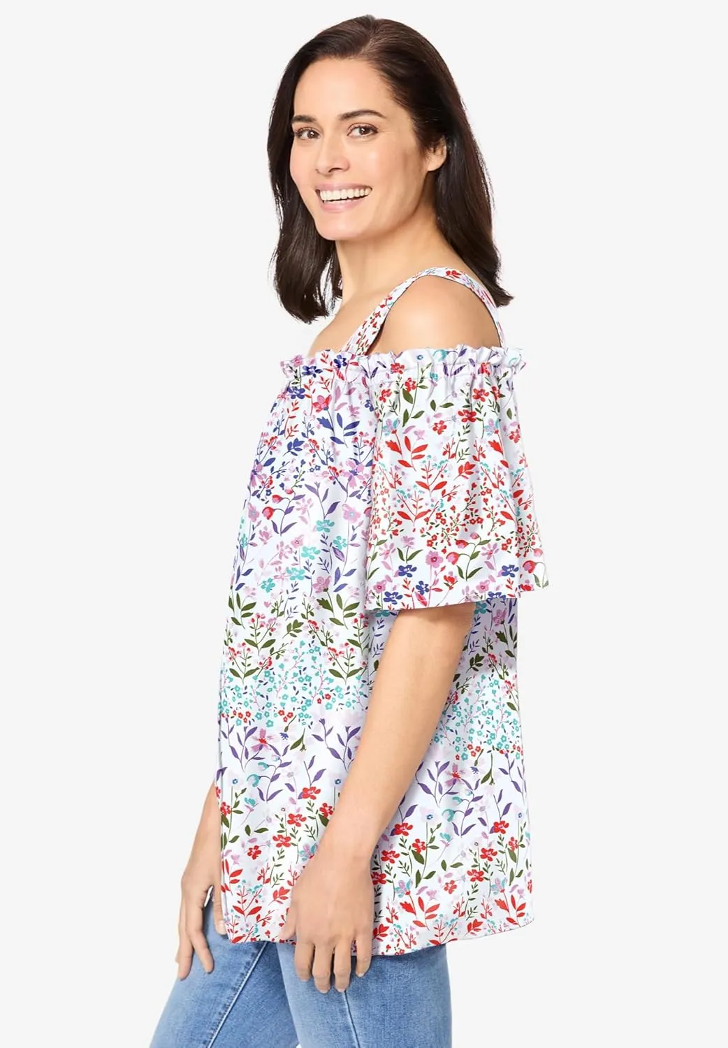 Woman Within Women's Plus Size Printed Cold-Shoulder Blouse