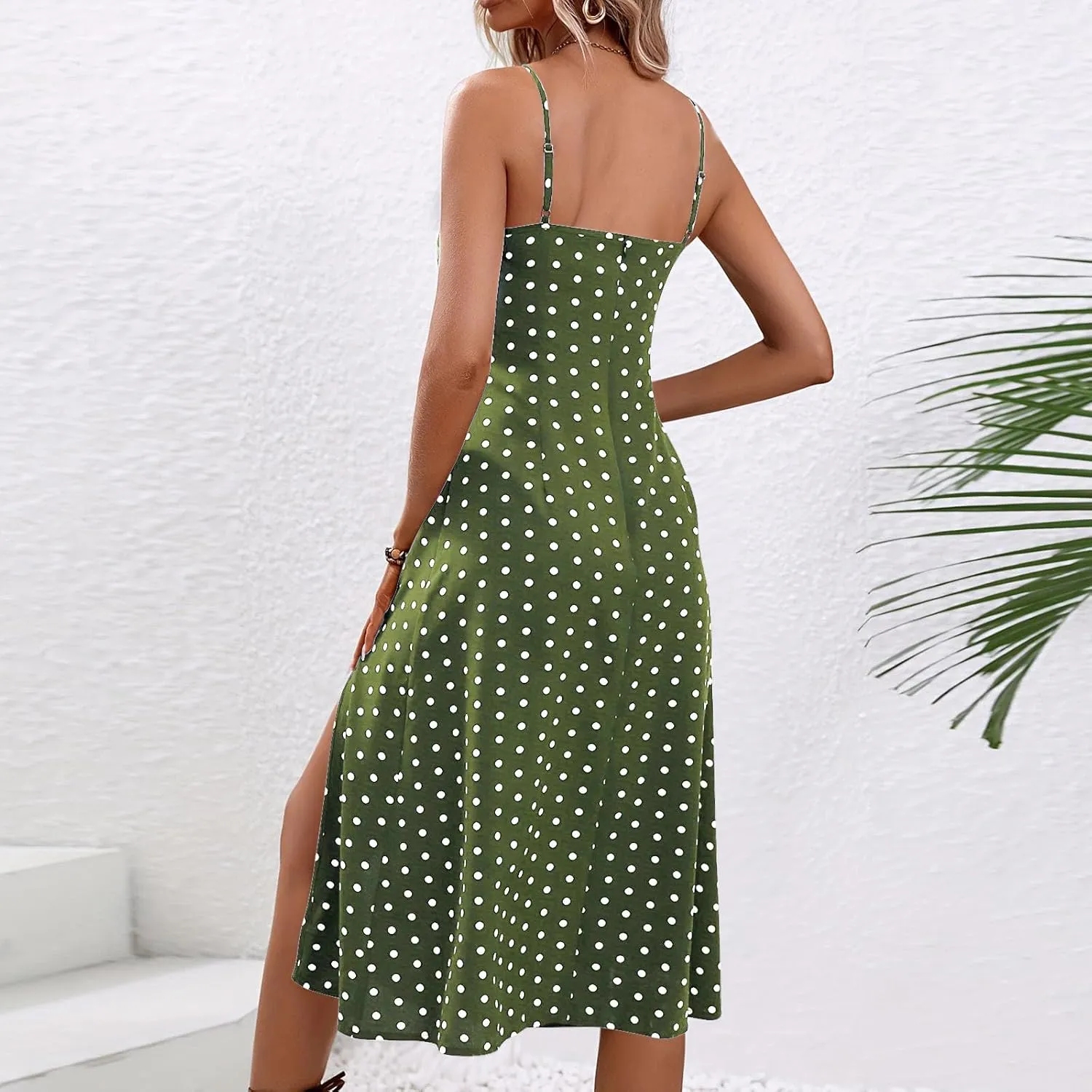 Women Polka Dot Summer Dresses Spaghetti Strap Beach Sundresses Casual Slit Dress Trendy Vacation Resort Clothing