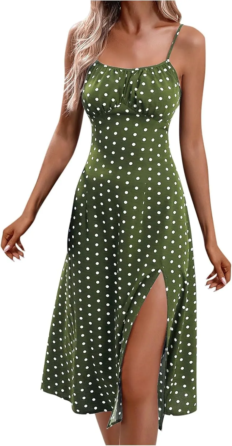 Women Polka Dot Summer Dresses Spaghetti Strap Beach Sundresses Casual Slit Dress Trendy Vacation Resort Clothing