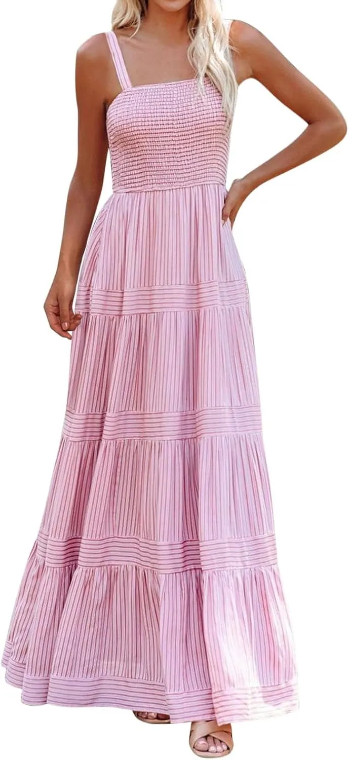 Women Striped Dresses Trendy Sleeveless Maxi Dress Swing Aline Midi Dress Backless Smocked Strap Boho Flowy Sundress