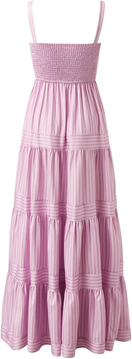 Women Striped Dresses Trendy Sleeveless Maxi Dress Swing Aline Midi Dress Backless Smocked Strap Boho Flowy Sundress
