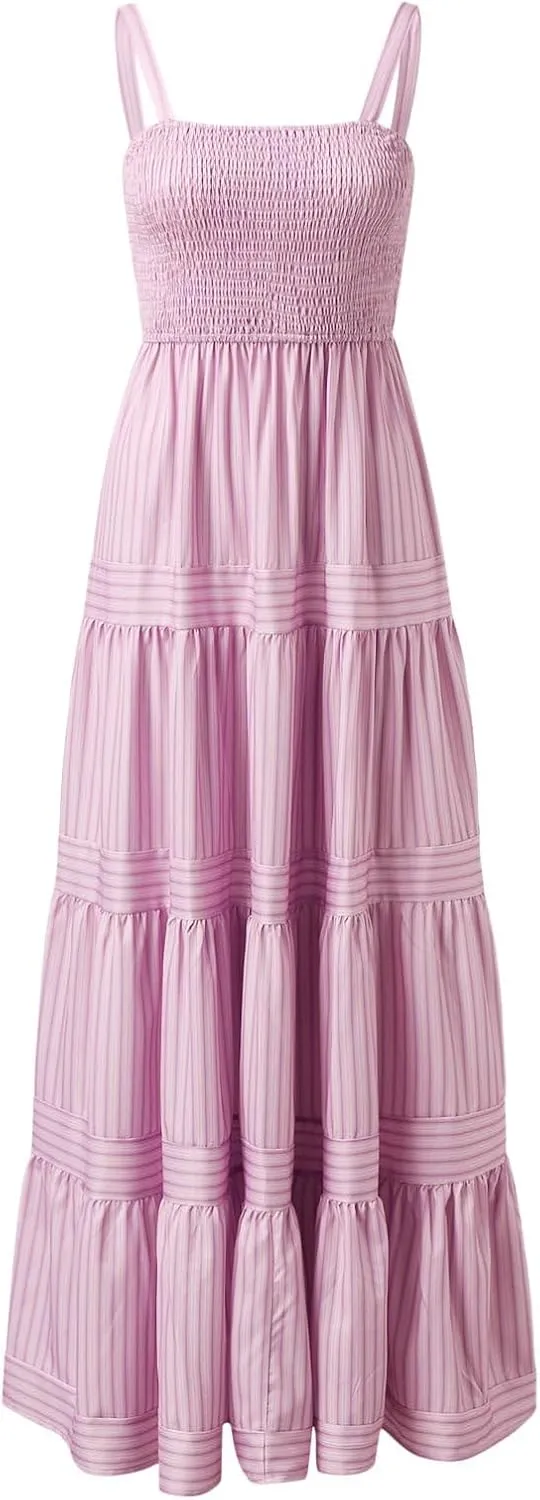 Women Striped Dresses Trendy Sleeveless Maxi Dress Swing Aline Midi Dress Backless Smocked Strap Boho Flowy Sundress