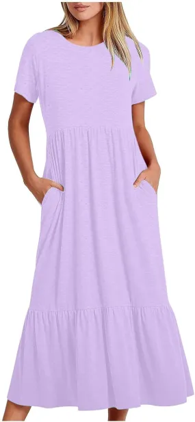Women Summer Casual Short Sleeve Crewneck Aline Swing Flowy Tiered Shirt Maxi Beach Long Dress 2025 Trendy Outfits