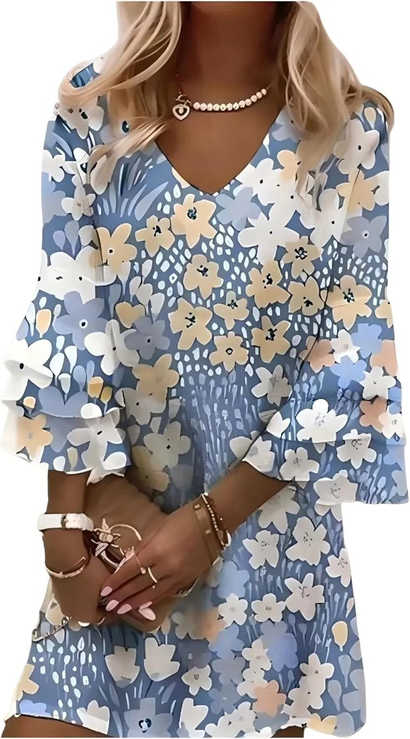 Women's 2025 Summer Trendy Casual Blue Floral Print Ruffle Sleeve Mini Dress Elegant V Neck Loose Shift Mini Dress