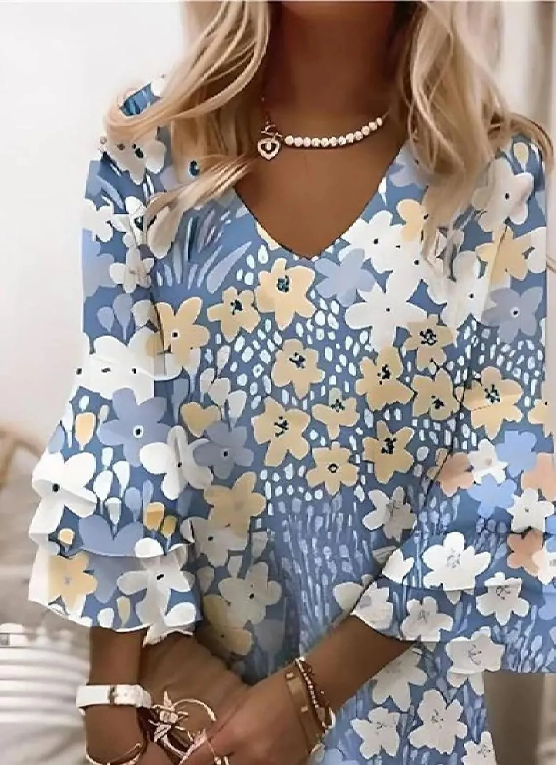 Women's 2025 Summer Trendy Casual Blue Floral Print Ruffle Sleeve Mini Dress Elegant V Neck Loose Shift Mini Dress