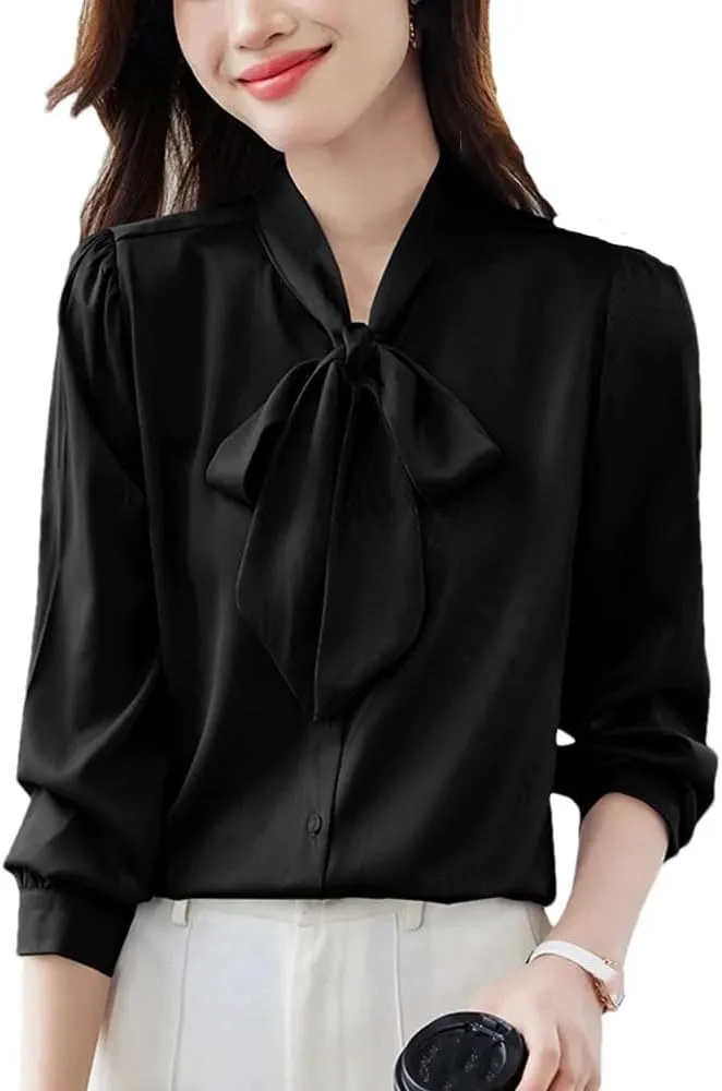 Women's Bow Collar Blouse Long Sleeve Loose Shirt Office Ladies Spring-Summer Top