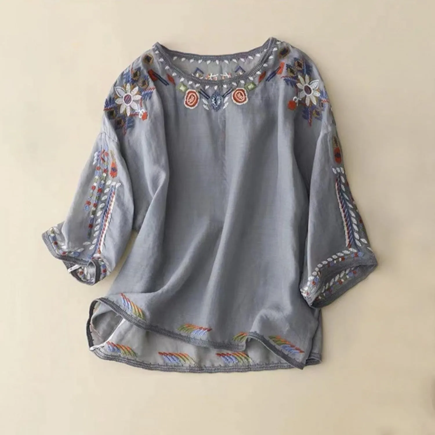 Women's Cotton Linen Button Short Sleeve Shirts Summer Loose Crew Neck Casual Boho Top Vintage Embroidered Blouse Tops