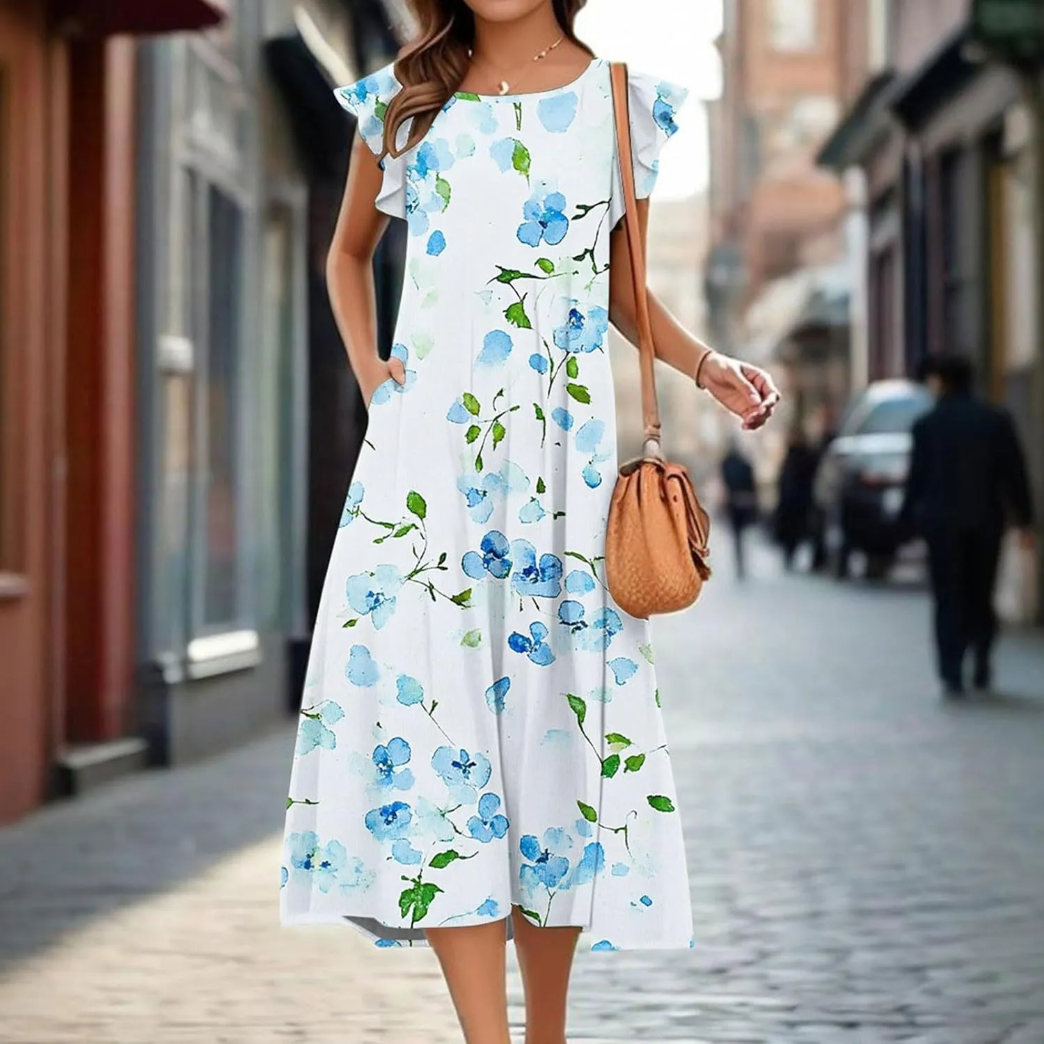 Women's Floral Midi Summer Dresses with Pockets, Flared Sleeve Round Neck Flowy Long Beach Beach Sundress