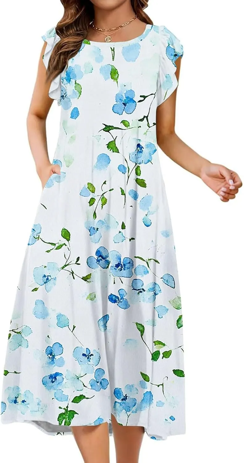 Women's Floral Midi Summer Dresses with Pockets, Flared Sleeve Round Neck Flowy Long Beach Beach Sundress