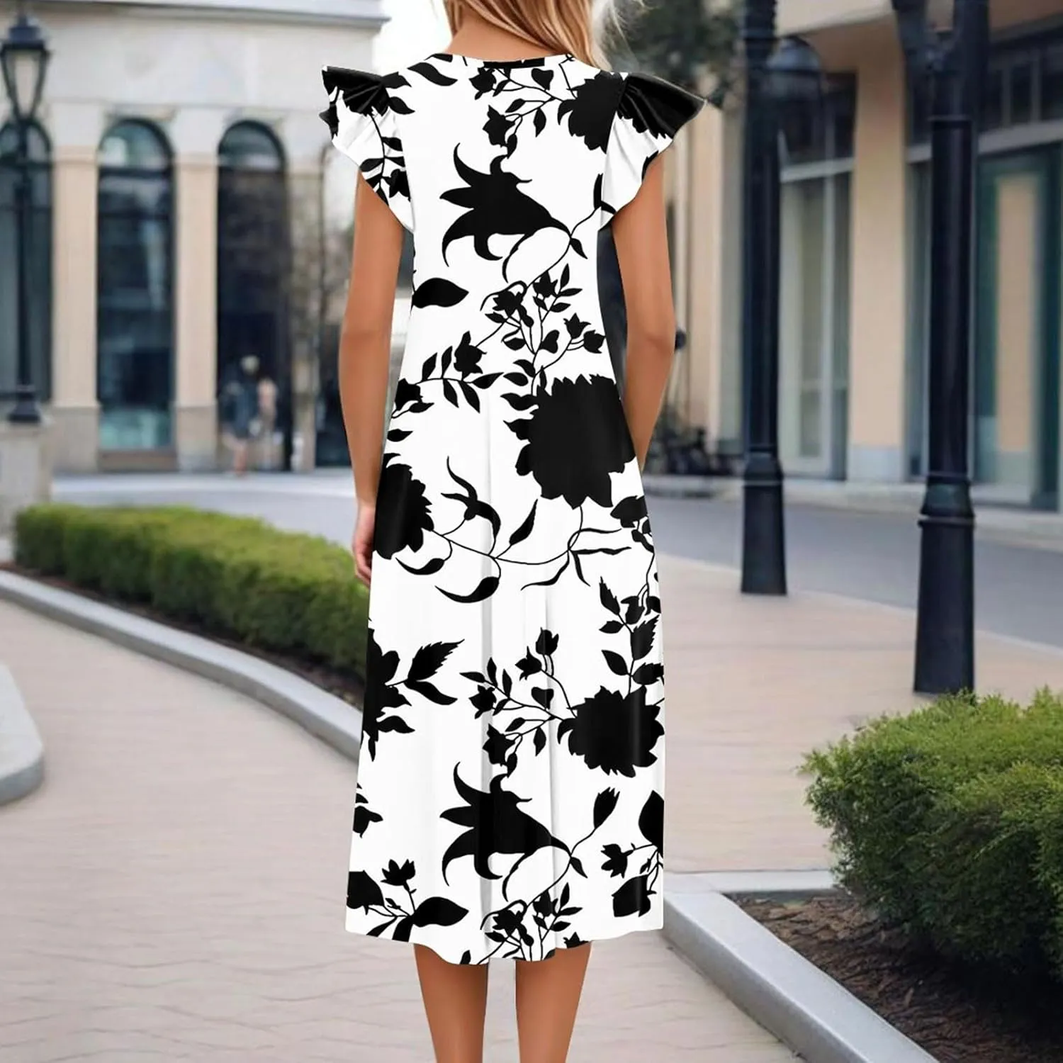 Women's Floral Midi Summer Dresses with Pockets, Flared Sleeve Round Neck Flowy Long Beach Beach Sundress